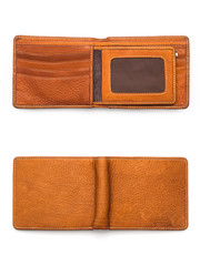 genuine leather wallet brown color, double side of brown color genuine leather wallet isolated white background.