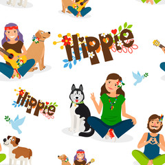 Hippie girls and barefoot man with dog seamless pattern. Vector illustration