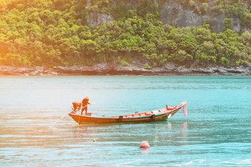 Long Tail Boat in Clear Water and Blue sky. Samui Island, Thaila