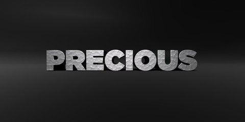 PRECIOUS - hammered metal finish text on black studio - 3D rendered royalty free stock photo. This image can be used for an online website banner ad or a print postcard.