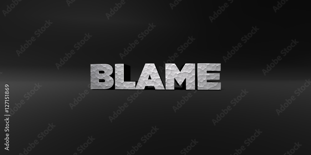 Fototapete BLAME - hammered metal finish text on black studio - 3D rendered royalty free stock photo. This image can be used for an online website banner ad or a print postcard.