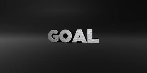 GOAL - hammered metal finish text on black studio - 3D rendered royalty free stock photo. This image can be used for an online website banner ad or a print postcard.