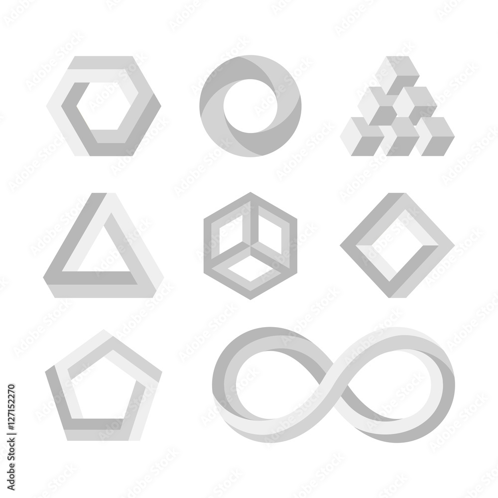 Poster paradox impossible shapes, 3d twisted objects, vector math symbols