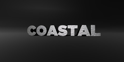 COASTAL - hammered metal finish text on black studio - 3D rendered royalty free stock photo. This image can be used for an online website banner ad or a print postcard.