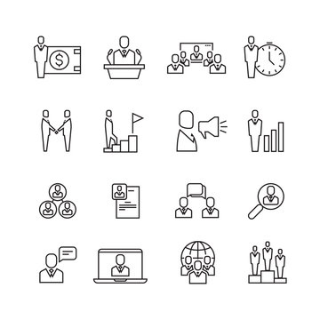 Business people team relationship, human management thin line vector icons set