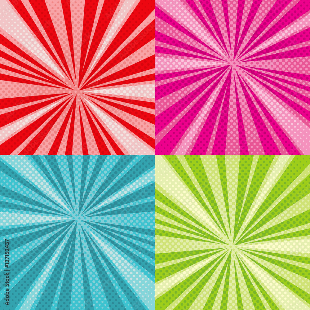 Poster sunburst rays comic pop art vector backgrounds set with halftone raster gradients
