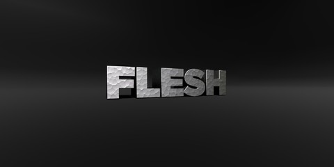 FLESH - hammered metal finish text on black studio - 3D rendered royalty free stock photo. This image can be used for an online website banner ad or a print postcard.
