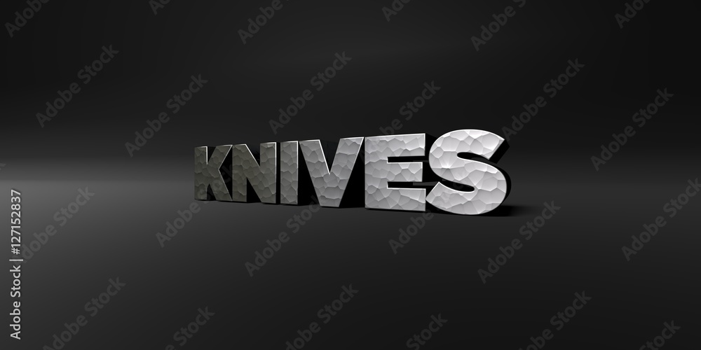 Fototapete knives - hammered metal finish text on black studio - 3d rendered royalty free stock photo. this ima