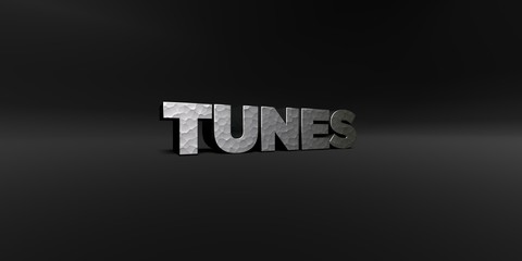 TUNES - hammered metal finish text on black studio - 3D rendered royalty free stock photo. This image can be used for an online website banner ad or a print postcard.