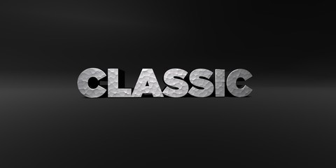 CLASSIC - hammered metal finish text on black studio - 3D rendered royalty free stock photo. This image can be used for an online website banner ad or a print postcard.