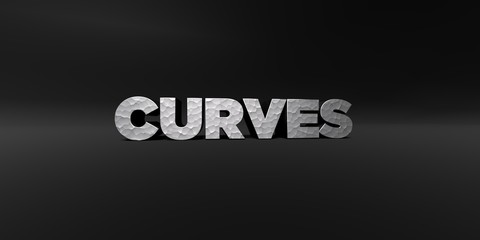 CURVES - hammered metal finish text on black studio - 3D rendered royalty free stock photo. This image can be used for an online website banner ad or a print postcard.