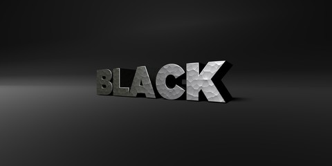 BLACK - hammered metal finish text on black studio - 3D rendered royalty free stock photo. This image can be used for an online website banner ad or a print postcard.