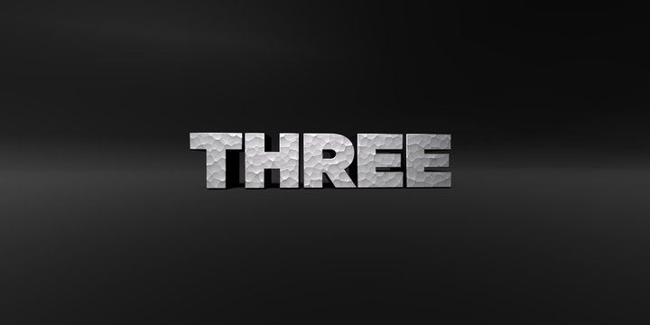 THREE - hammered metal finish text on black studio - 3D rendered royalty free stock photo. This image can be used for an online website banner ad or a print postcard.