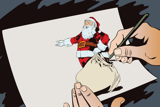 Santa Claus with a bag full of presents. Hand paints picture.