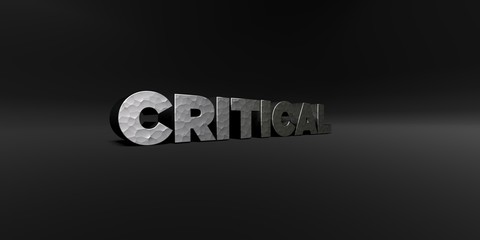 CRITICAL - hammered metal finish text on black studio - 3D rendered royalty free stock photo. This image can be used for an online website banner ad or a print postcard.
