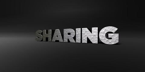 SHARING - hammered metal finish text on black studio - 3D rendered royalty free stock photo. This image can be used for an online website banner ad or a print postcard.