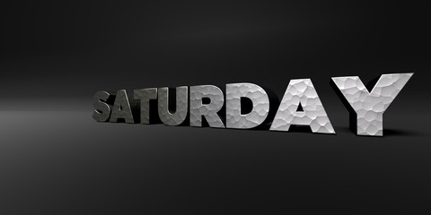 SATURDAY - hammered metal finish text on black studio - 3D rendered royalty free stock photo. This image can be used for an online website banner ad or a print postcard.