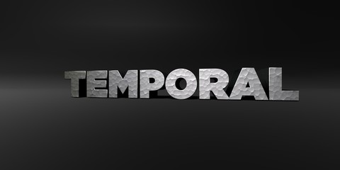TEMPORAL - hammered metal finish text on black studio - 3D rendered royalty free stock photo. This image can be used for an online website banner ad or a print postcard.