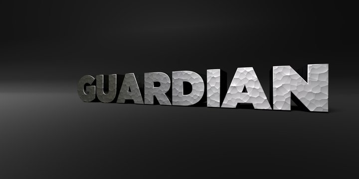 GUARDIAN - hammered metal finish text on black studio - 3D rendered royalty free stock photo. This image can be used for an online website banner ad or a print postcard.
