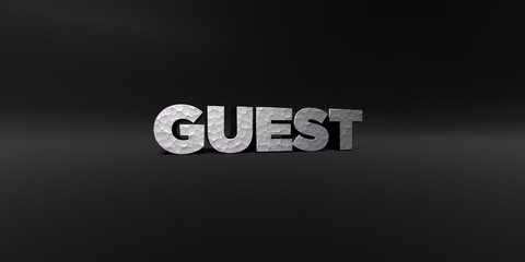 GUEST - hammered metal finish text on black studio - 3D rendered royalty free stock photo. This image can be used for an online website banner ad or a print postcard.