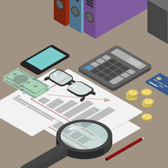 Auditor desktop, accounting documents, the analysis of these reports, the analyst. Workplace isometrics