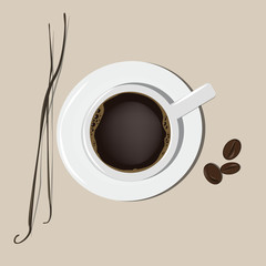 A cup of coffee. The stick of vanilla and cocoa beans. Vector