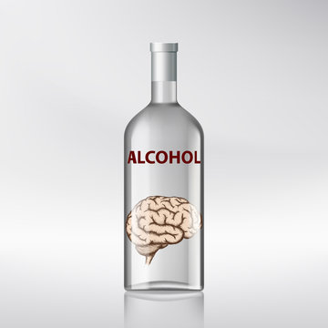 Human brain inside a bottle with alcohol. Stock vector illustrat