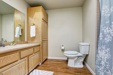 Bathroom interior with hardwood floor in apartment house