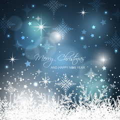 Fototapeta na wymiar Merry Christmas and Happy New Year snowflakes background with glitter, stars and blurred circles.