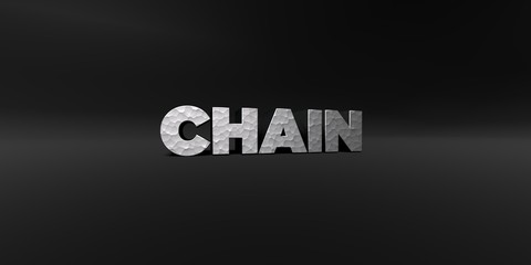 CHAIN - hammered metal finish text on black studio - 3D rendered royalty free stock photo. This image can be used for an online website banner ad or a print postcard.