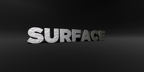 SURFACE - hammered metal finish text on black studio - 3D rendered royalty free stock photo. This image can be used for an online website banner ad or a print postcard.