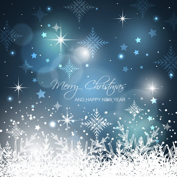 Merry Christmas and Happy New Year snowflakes background with glitter, stars and blurred circles.