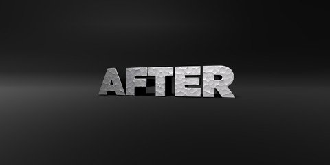 AFTER - hammered metal finish text on black studio - 3D rendered royalty free stock photo. This image can be used for an online website banner ad or a print postcard.