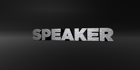 SPEAKER - hammered metal finish text on black studio - 3D rendered royalty free stock photo. This image can be used for an online website banner ad or a print postcard.