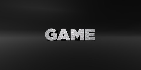 Fototapeta premium GAME - hammered metal finish text on black studio - 3D rendered royalty free stock photo. This image can be used for an online website banner ad or a print postcard.