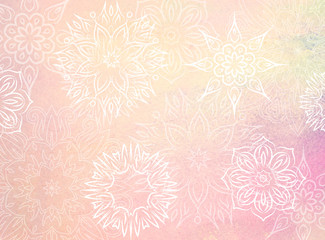 Pink watercolor background with white mandalas. Beautiful festive ornaments.