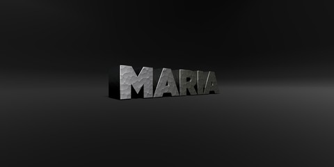 MARIA - hammered metal finish text on black studio - 3D rendered royalty free stock photo. This image can be used for an online website banner ad or a print postcard.