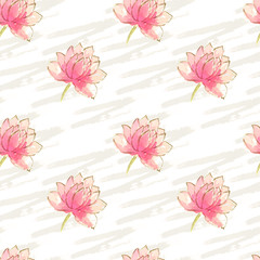 Seamless pattern with beautiful hand drawn water lilies on white background, watercolor illustration.