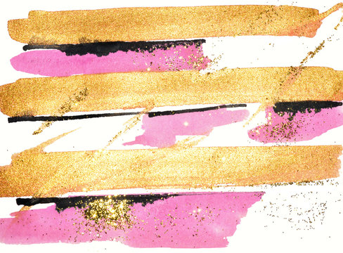 Abstract gold, pink and black watercolor stripes and golden glitter on white background.
