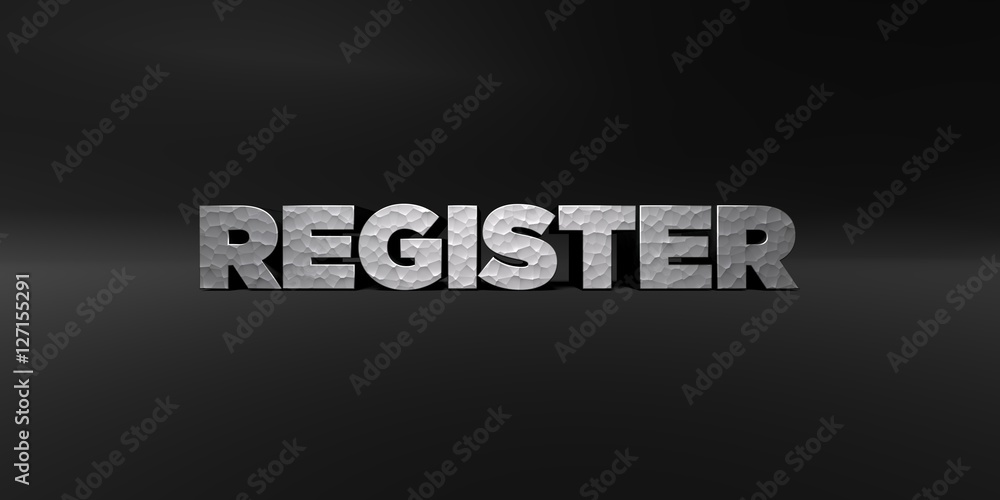 Fototapete register - hammered metal finish text on black studio - 3d rendered royalty free stock photo. this i
