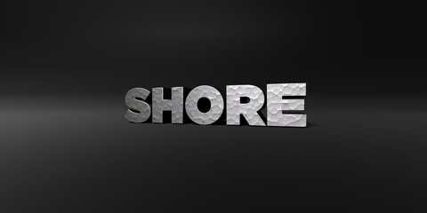 SHORE - hammered metal finish text on black studio - 3D rendered royalty free stock photo. This image can be used for an online website banner ad or a print postcard.