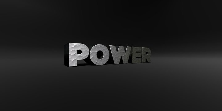 POWER - hammered metal finish text on black studio - 3D rendered royalty free stock photo. This image can be used for an online website banner ad or a print postcard.