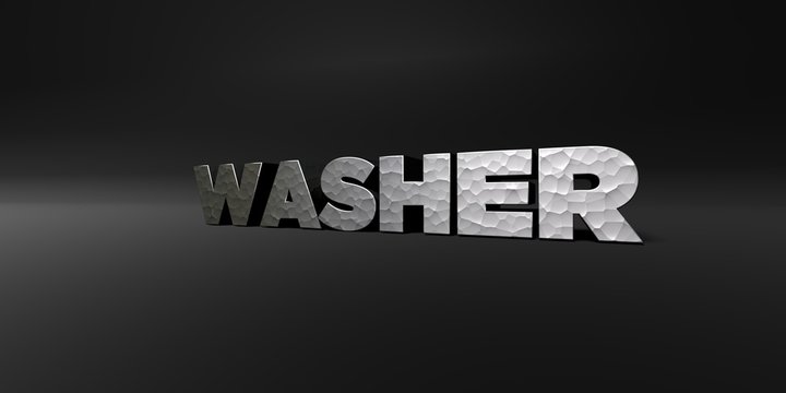 WASHER - hammered metal finish text on black studio - 3D rendered royalty free stock photo. This image can be used for an online website banner ad or a print postcard.
