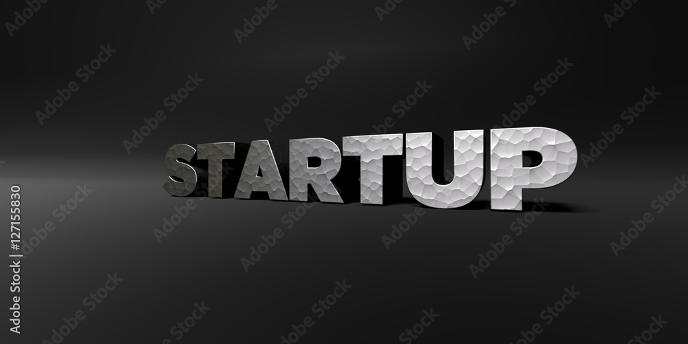 Fototapete startup - hammered metal finish text on black studio - 3d rendered royalty free stock photo. this im