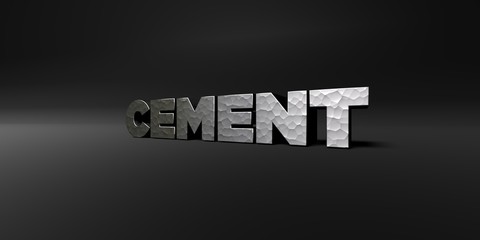 CEMENT - hammered metal finish text on black studio - 3D rendered royalty free stock photo. This image can be used for an online website banner ad or a print postcard.