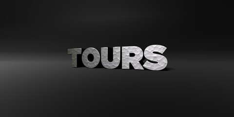 TOURS - hammered metal finish text on black studio - 3D rendered royalty free stock photo. This image can be used for an online website banner ad or a print postcard.