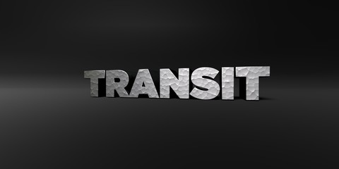 TRANSIT - hammered metal finish text on black studio - 3D rendered royalty free stock photo. This image can be used for an online website banner ad or a print postcard.
