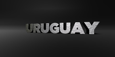 URUGUAY - hammered metal finish text on black studio - 3D rendered royalty free stock photo. This image can be used for an online website banner ad or a print postcard.