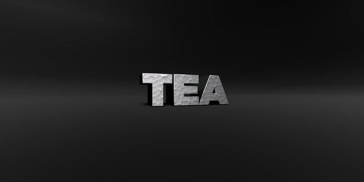 TEA - hammered metal finish text on black studio - 3D rendered royalty free stock photo. This image can be used for an online website banner ad or a print postcard.