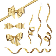 Vector set of shiny golden ribbons and bows. Collection of realistic elements for your design gift card or invitation. Isolated from the background.